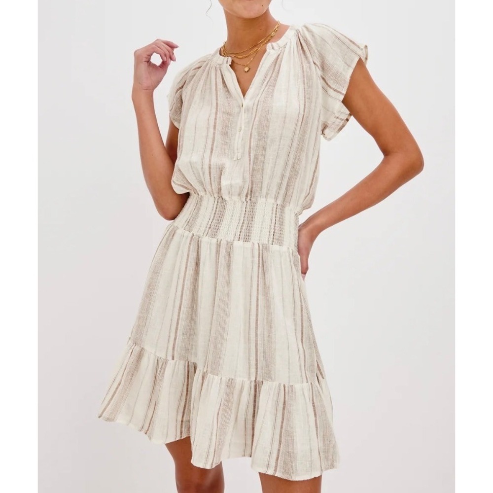 Rails Striped Smocked Mini Dress White Mauve Linen Blend Cap Sleeve Small